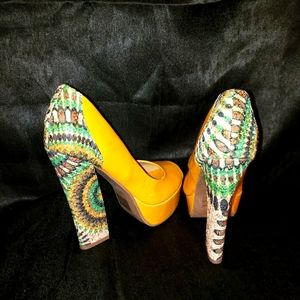Mustard yellow colored, peep toe, w/multi color(6in)heel and platformbottom shoe